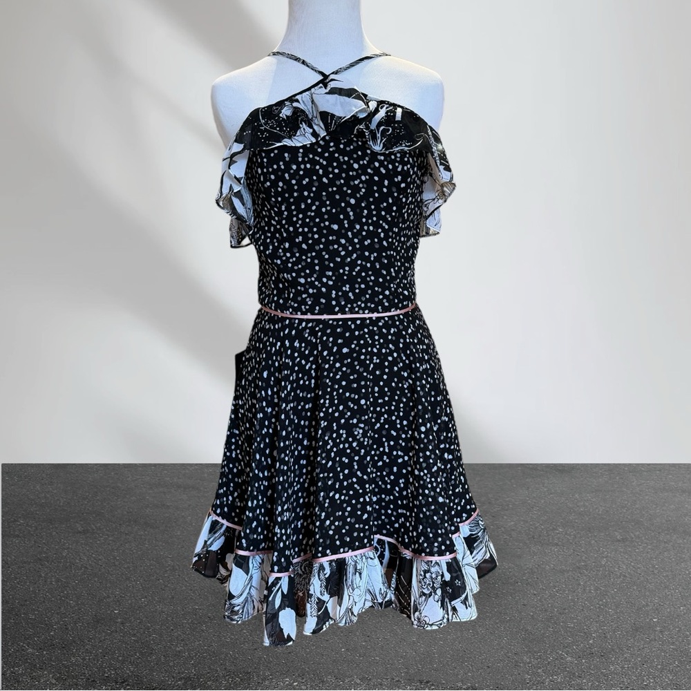 Bebe Off The Shoulder Ruffle Print Dress | Color: Black/Pink | Size: 2